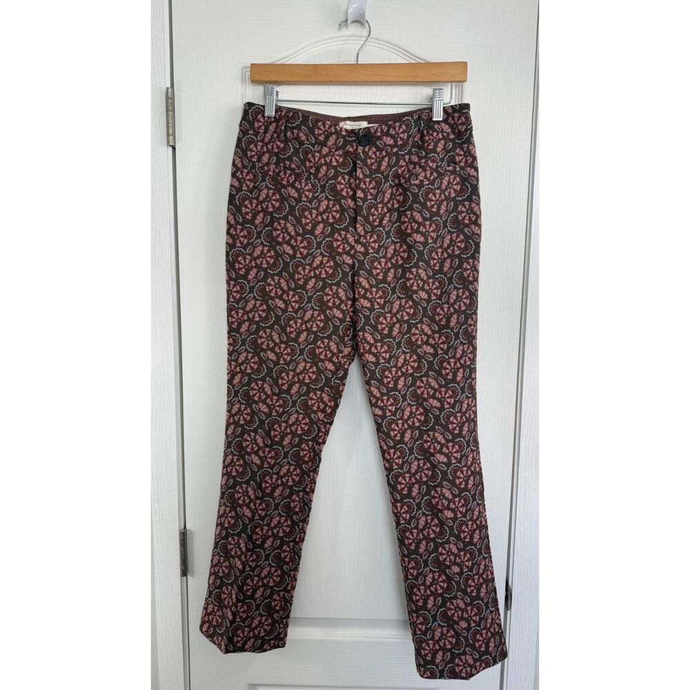 Anthropologie The Essential Slim Pants Brown Jacquard Floral Print Women's 8